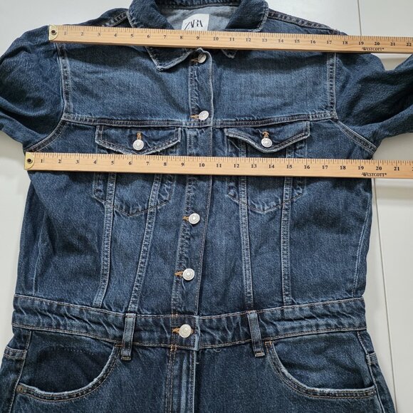 Zara Denim Jumpsuit Women XL Blue LS Button Front Zip Fly Distressed Grunge Boho - Picture 4 of 15